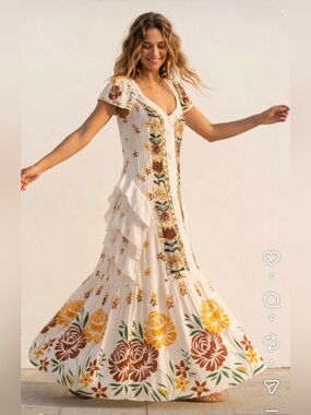 ibBan Bohemian White Floral Maxi Dress with Yellow & Brown Accents